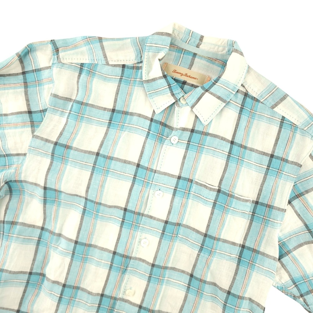 Tommy Bahama Shirt Mens M Blue Plaid Short Sleeve Button Up Linen Casual